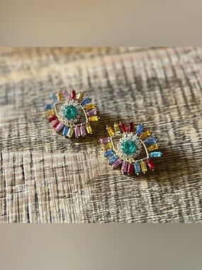 Gold Multicolor Eye Stud Earrings with Teal Center